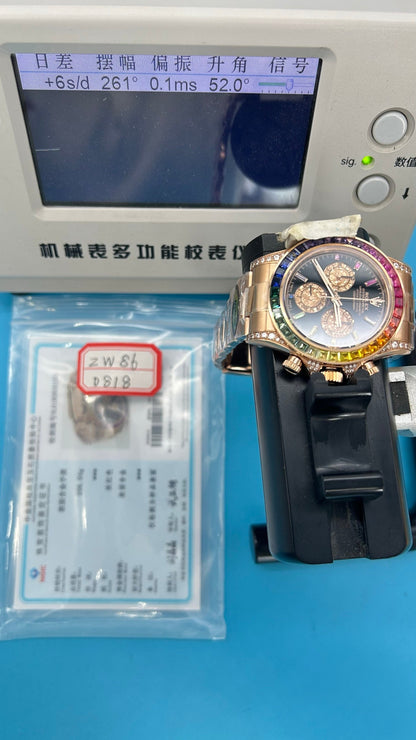 Rolex Daytona « Rainbow » MZ SUPER CLONE Or Rose Cadran Noir Lunette Saphir