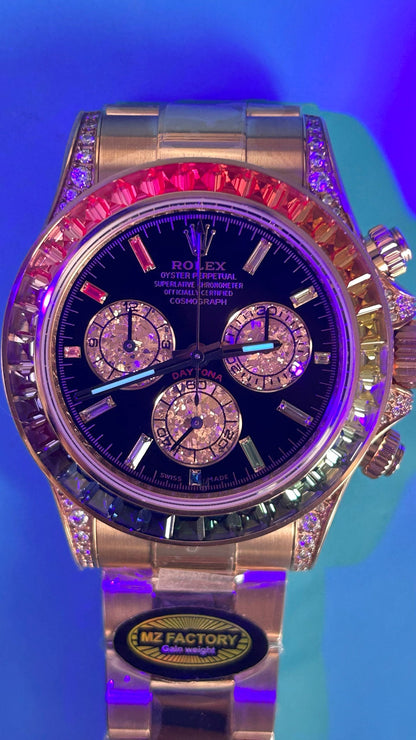 Rolex Daytona « Rainbow » MZ SUPER CLONE Or Rose Cadran Noir Lunette Saphir