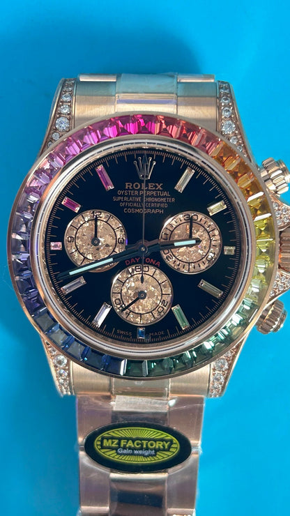 Rolex Daytona « Rainbow » MZ SUPER CLONE Or Rose Cadran Noir Lunette Saphir