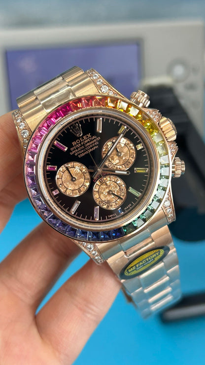 Rolex Daytona « Rainbow » MZ SUPER CLONE Or Rose Cadran Noir Lunette Saphir